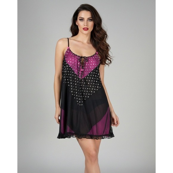 Betsey Johnson Other - Betsey Johnson Womens Intimate Mesh Polka Babydoll Pink Black Nightgown Large